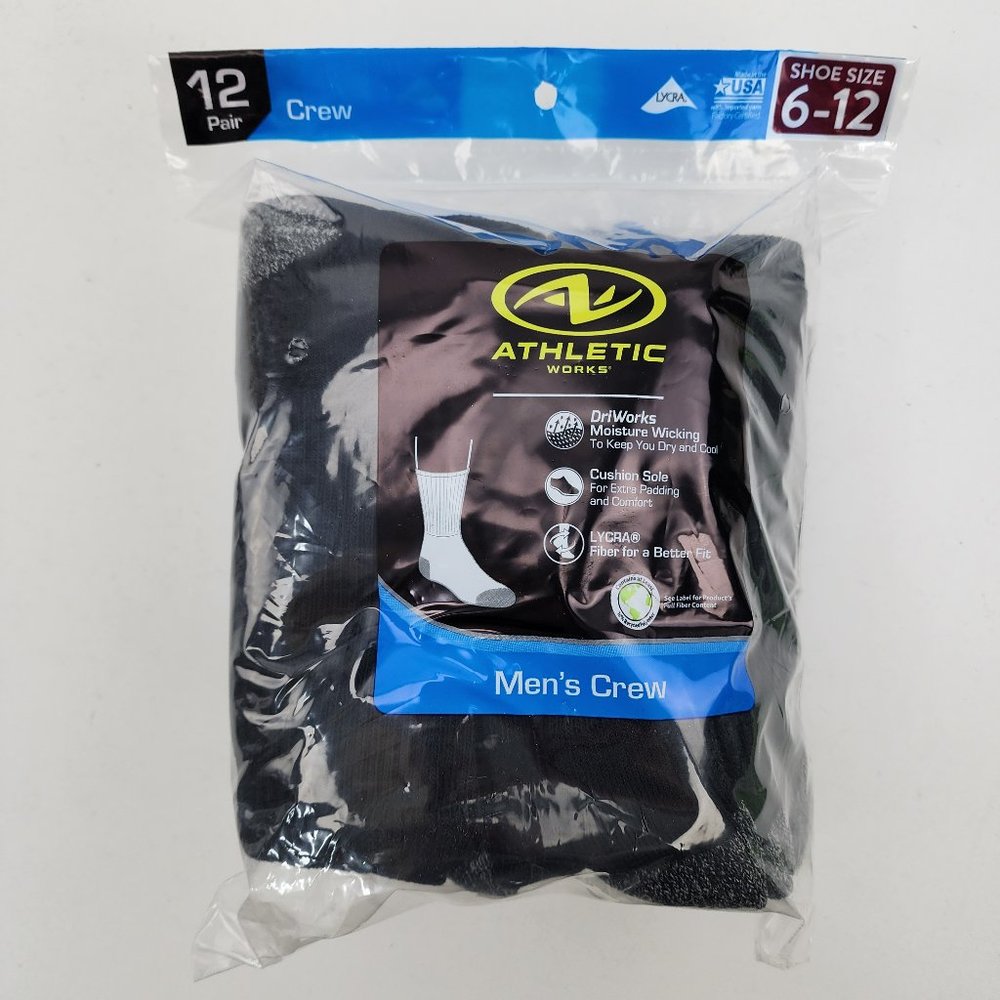New Athletic Works 12 Pairs Mens Size 6-12 Black Cushioned Crew Socks Sports